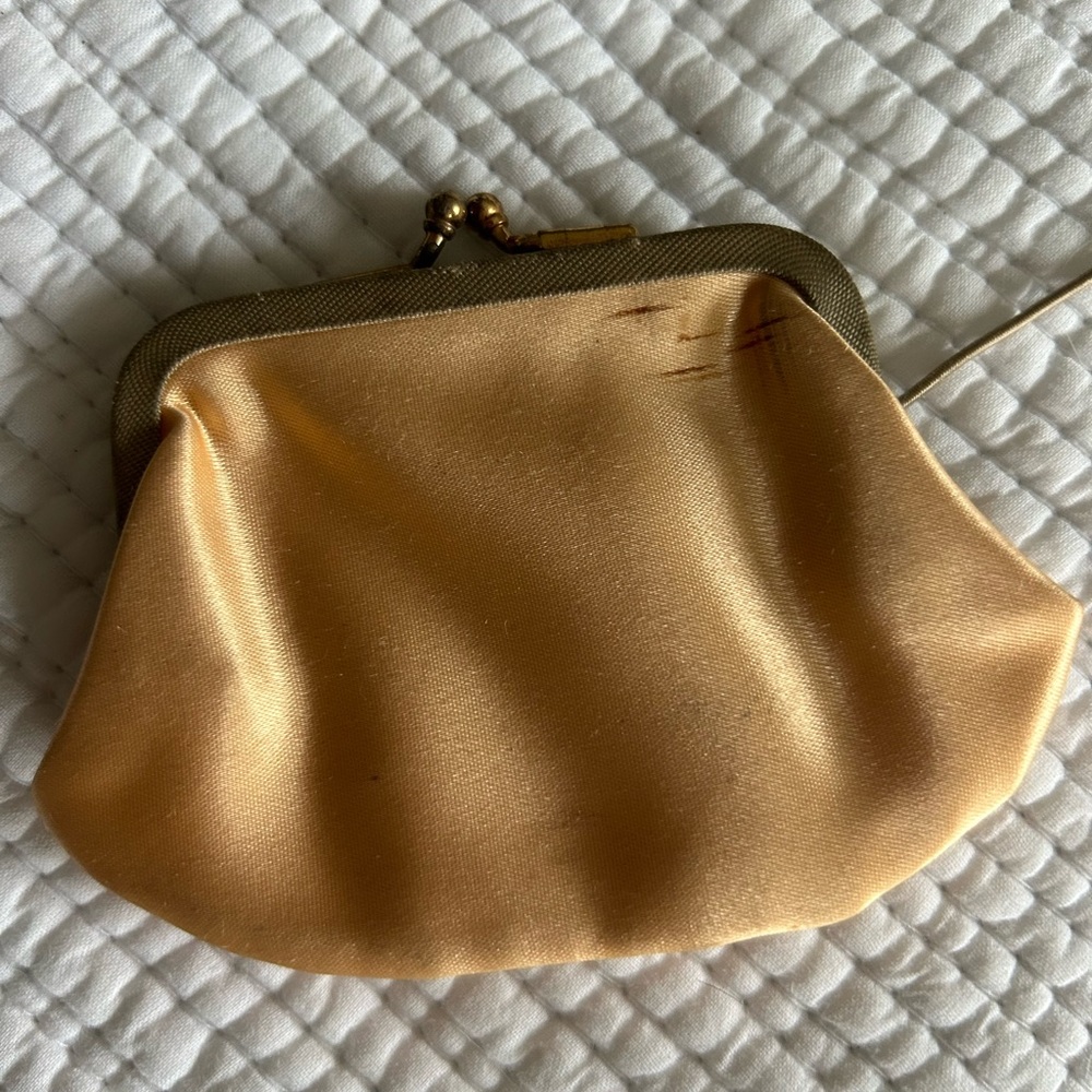 Burgundy/Brown Vintage Satin Clutch Purse with Gold Chain Detail & Coin Pouch - Picture 6 of 12